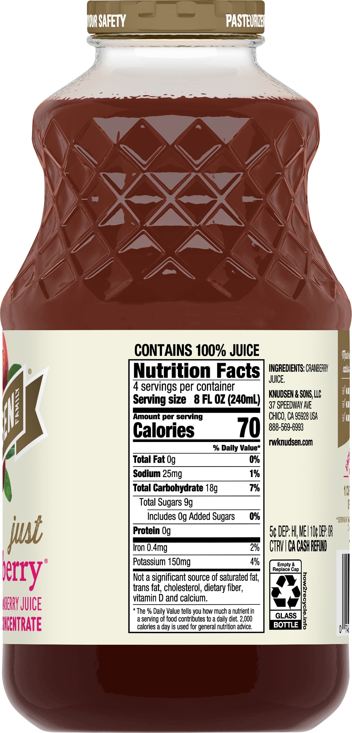 R.W. Knudsen Family Just Cranberry Juice, 100% Juice, 32 oz, Glass Bottle
