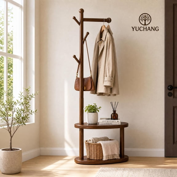 Yuchang Wooden Freestanding Coat Rack - Multi-Function Entryway Hall Tree with Shoe Storage, Clothes Hook Organizer (Walnut Color), Modern/Wooden Home Decor