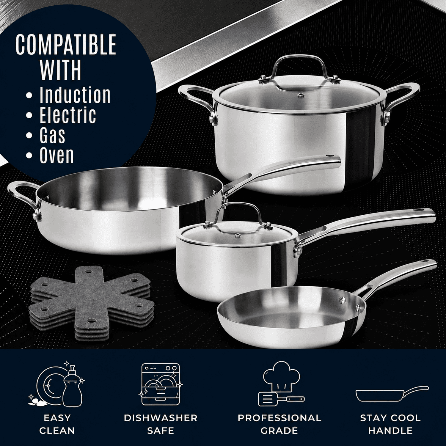 CoreClad 10-Piece Tri-Ply Stainless Steel Cookware Set with Induction Compatibility