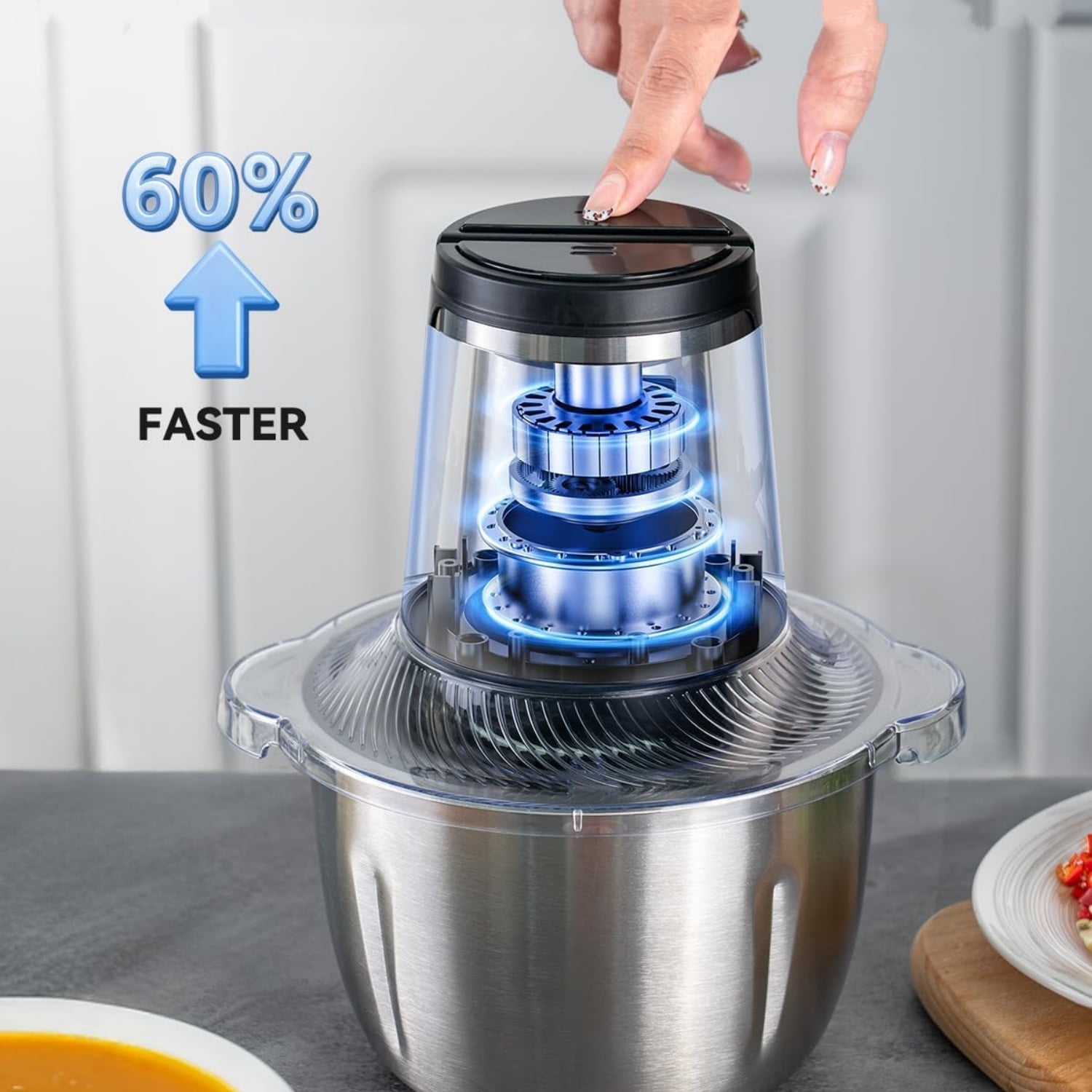 Food Processor Small, 6 Cup Food Chopper with Container, 1.5L 250W Electric Meat Grinder for Home Use, Stainless Steel Mini Food Processor for Kitchen, Vegetable, Onion, Garlic, Salad