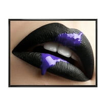 Designart 'Woman Lips With Black Lipstick & Purple Paint' Modern Framed Canvas Wall Art Print
