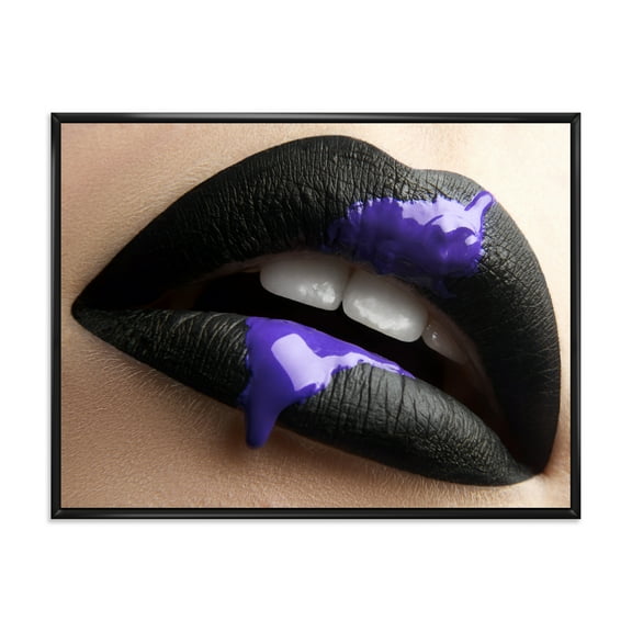 Designart 'Woman Lips With Black Lipstick & Purple Paint' Modern Framed Canvas Wall Art Print
