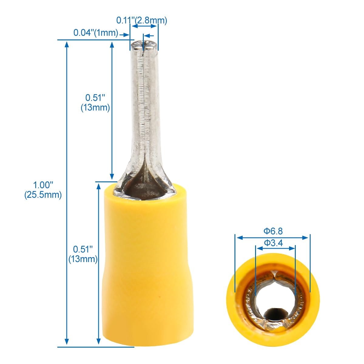 Baoman 50 pcs pack 0.11 inch pin terminal, insulated yellow crimp connector suitable for 12-10 AWG, 5.5-13 used for automotive electrical electrical cable projects