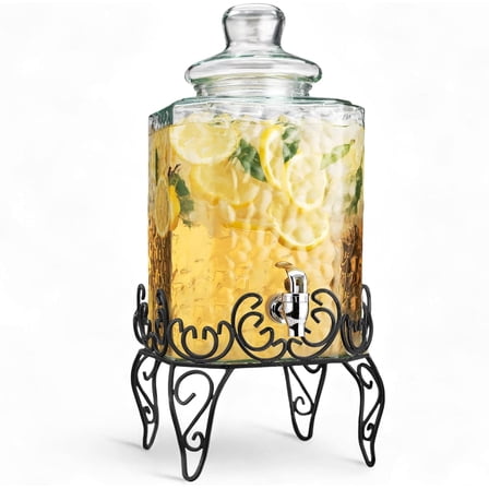 2.5-Gallon Drink Dispenser Classic Hammered Glass Beverage Dispenser with Metal Stand