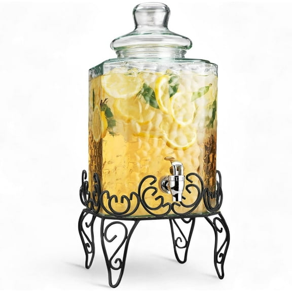 2.5-Gallon Drink Dispenser Classic Hammered Glass Beverage Dispenser with Metal Stand