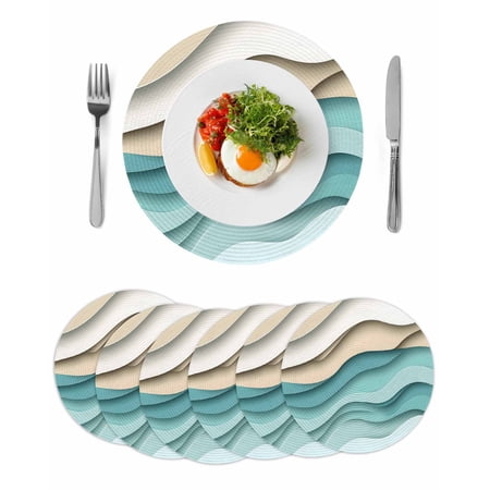 Teal Brown Ombre Round 15 Inch Placemats Set of 6 Modern Abstract Moire Art Geometric HeatResistant Non Slip Place Mats for Dining Table Wipeable Braided Kitchen Table Mats for Housewarming