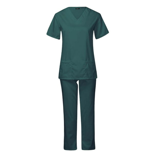 Uniforme de enfermería para mujer, uniforme profesional elástico con múltiples bolsillos, conjunto de pantalones superiores, cómoda Verde M Hugo Pantalones superiores