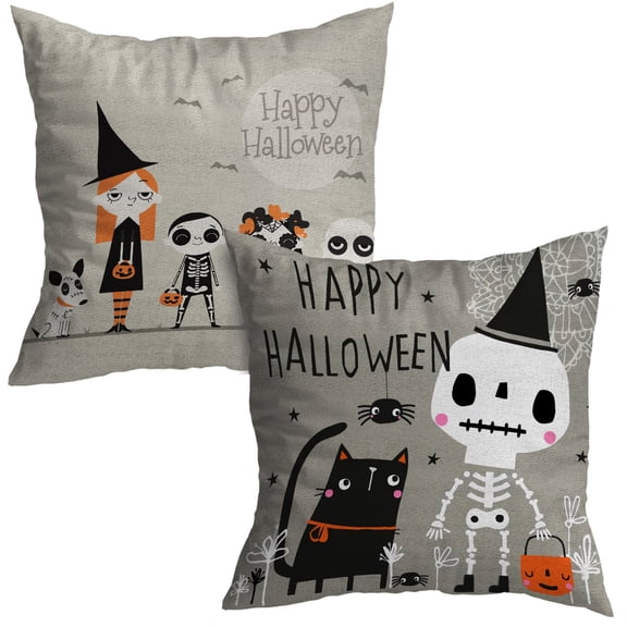 Halloween Pillow Covers, Halloween Decoration, Cute Skeletons, Happy Halloween, Set of 2 Pillow Covers - 12x12 in (Grey)