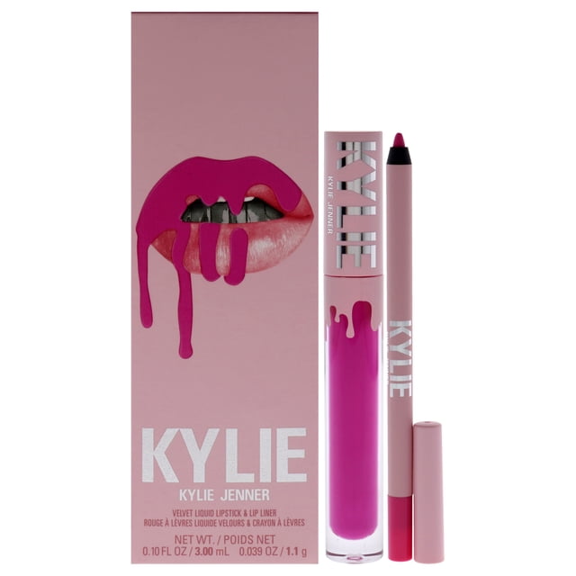 kit de labios velvet kylie cosmetics 306 say no more 2 piezas kit de dos piezas con labial líquido fucsia en tubo transparente y delineador tipo lápiz rosa palo; vista frontal centrada junto a estuche rosa con gráfica de labios y logo KYLIE, sobre fondo blanco. Además, a menudo se usa como set compacto para retoques rápidos en bolso.