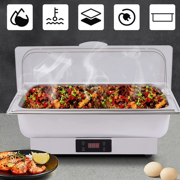 Miumaeov 110V 600W Electric Chafing Dish Buffet Set Commercial 14QT Chafing Buffet Servers with Adjustable Temperature and Clear Roll-open Lid for Catering Buffets Parties
