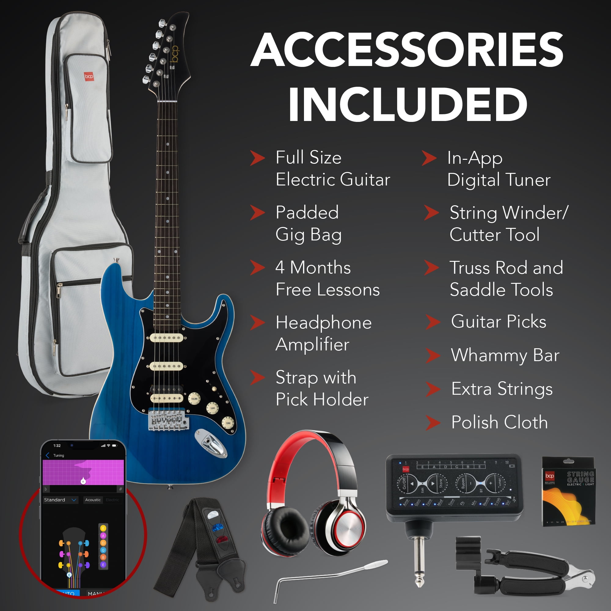 Best Choice Products Beginner HSS Electric Guitar Kit w/ Headphone Amp, Gig-Bag, Headphones - Midnight Blue/Black