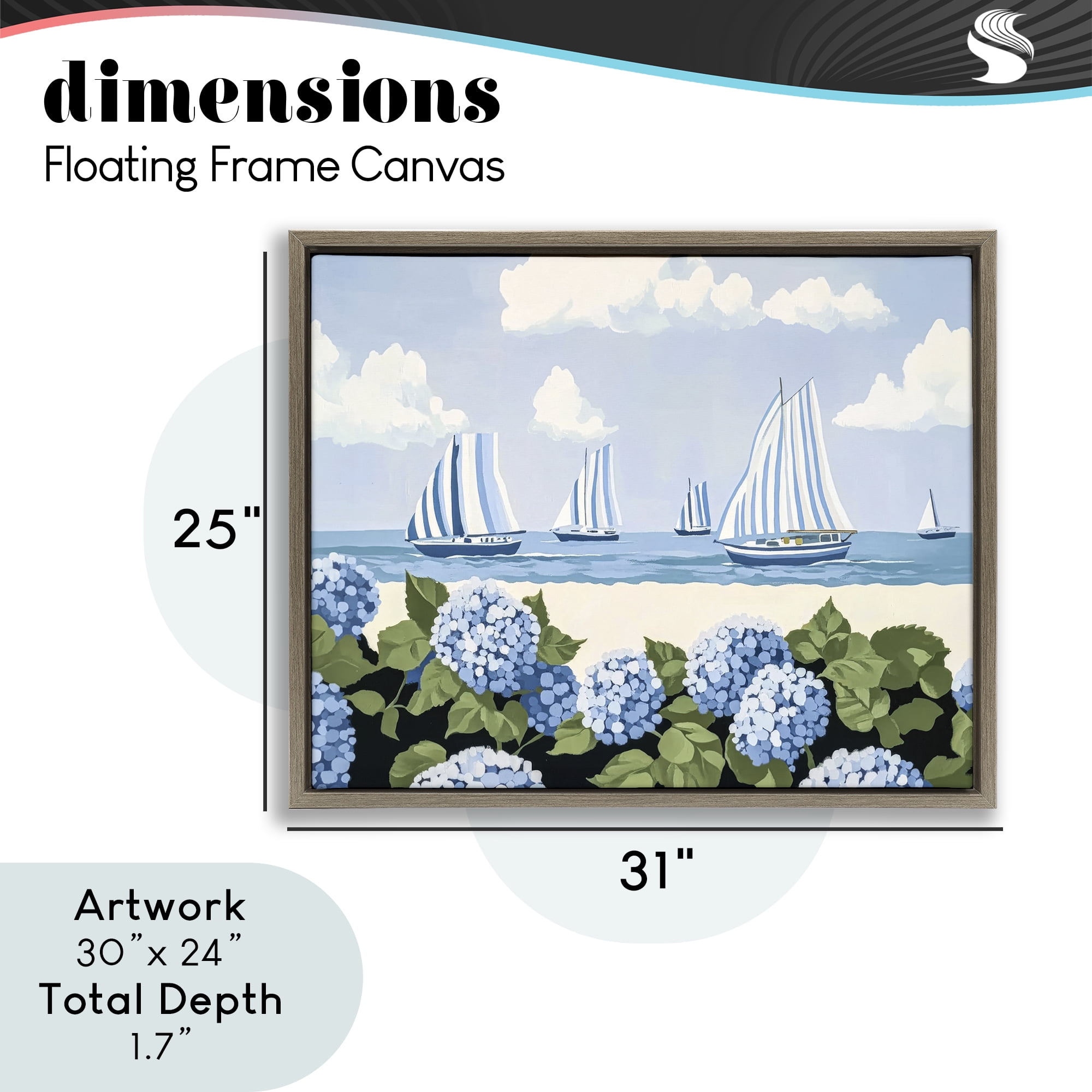 Stupell Industries Striped Sails & Seaside Hydrangeas Brown Framed Floater Canvas Wall Art, design by Sisi and Seb