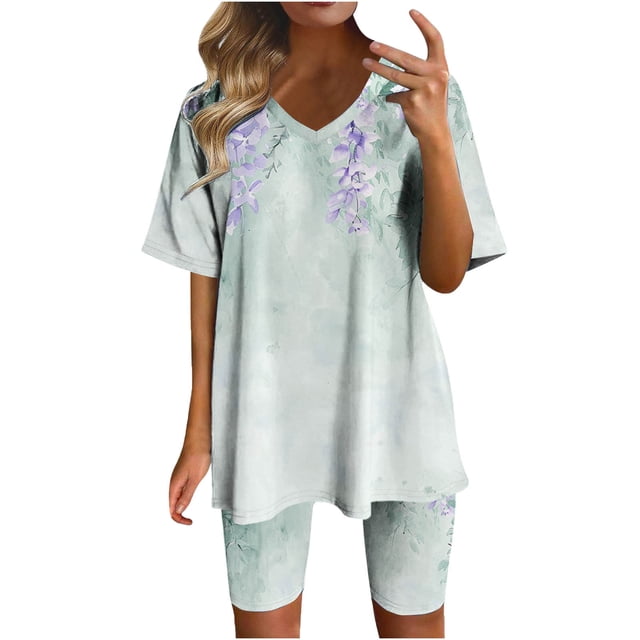 Blouses pour Femmes Ensembles d'Été Décontractés 2 Pcs avec Manches Courtes Col en V et Shorts Imprimés