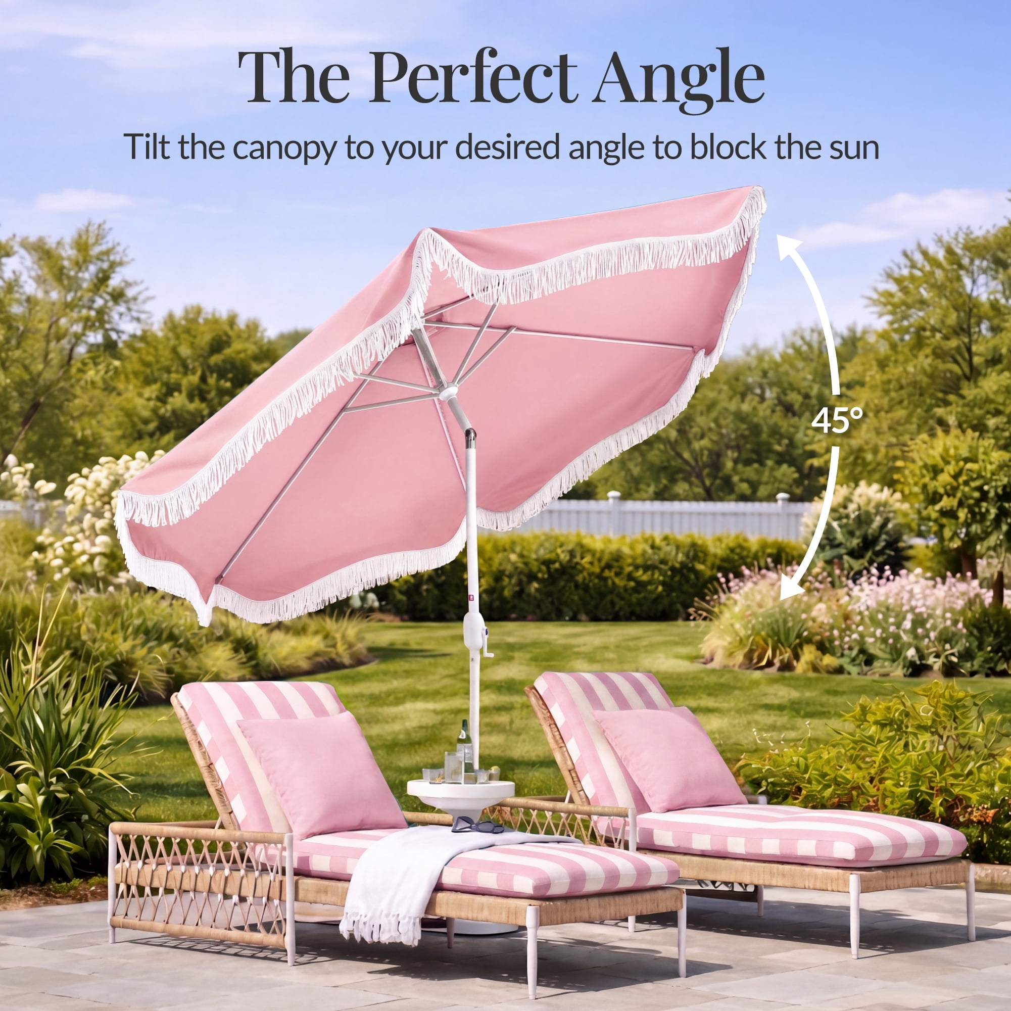 Best Choice Products 9ft Fringe Market Umbrella  Boho Patio Sunshade w/ Tilt, UPF50+ - Pink