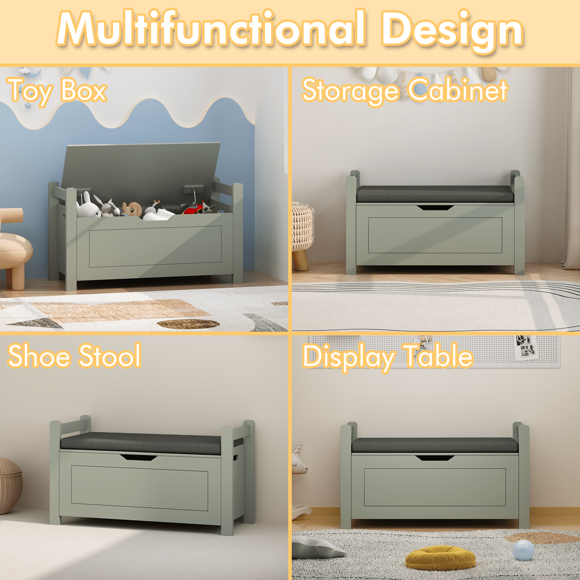 HOQBN Kids Toy Box Chest for Boys Girls,Large Toy Storage Organizer with Cushion Seat Bench,Flip-Top Lid & Safety Hinge for Nursery, Playroom,Sage