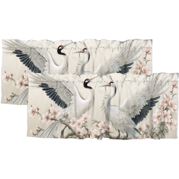 Asian Kitchen Curtain Valance Japanese Style White Cranes Colourful Cherryblossom Rod Pocket Decoration Window Valance Curtains 54x18inch(2Pcs)