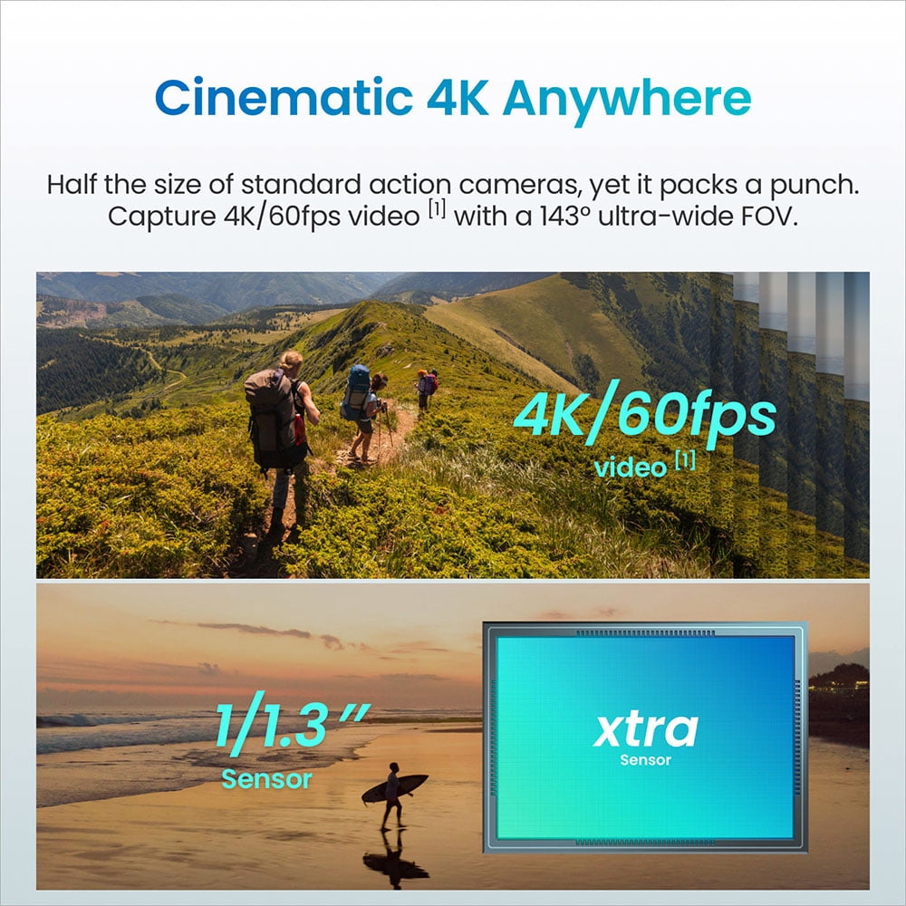 Xtra Atto Wearable POV Action Camera, 54g Mini Vlog Camera with Magnetic Mount, 4K/60fps 1/1.3" Sensor, 128GB Built-in Storage, 220-Min Battery Vision Dock, Hands-Free Video Camera, White