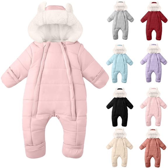 Paiwinds Winter Baby Snowsuit Hooded with Ears Full Sleeve Zipper Warm Quilted Romper Cute Loose Water-Repellent One-Piece for Infant Toddler