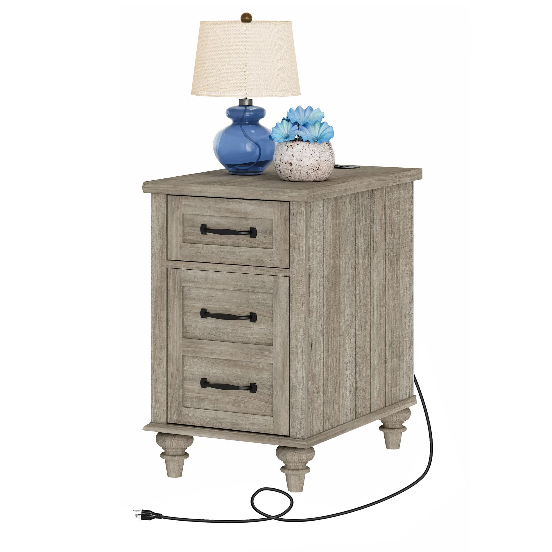 Gray End Table with Drawer & Cabinet, Wooden Side Table Nightstand with Charging Station for Living Room & Bedroom