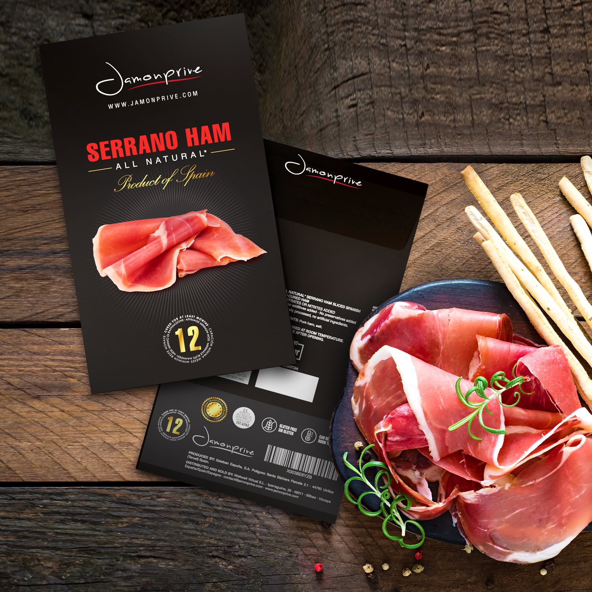 Spanish Serrano Ham Sliced Dry-Cured (3oz) - Pork Ham Jamonprive (3 oz Each, Pack of 1 Unit)