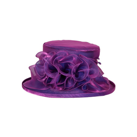 ChicHeadwear Medium Brim Ruffle Organza Hat w/ Floral Center - Purple