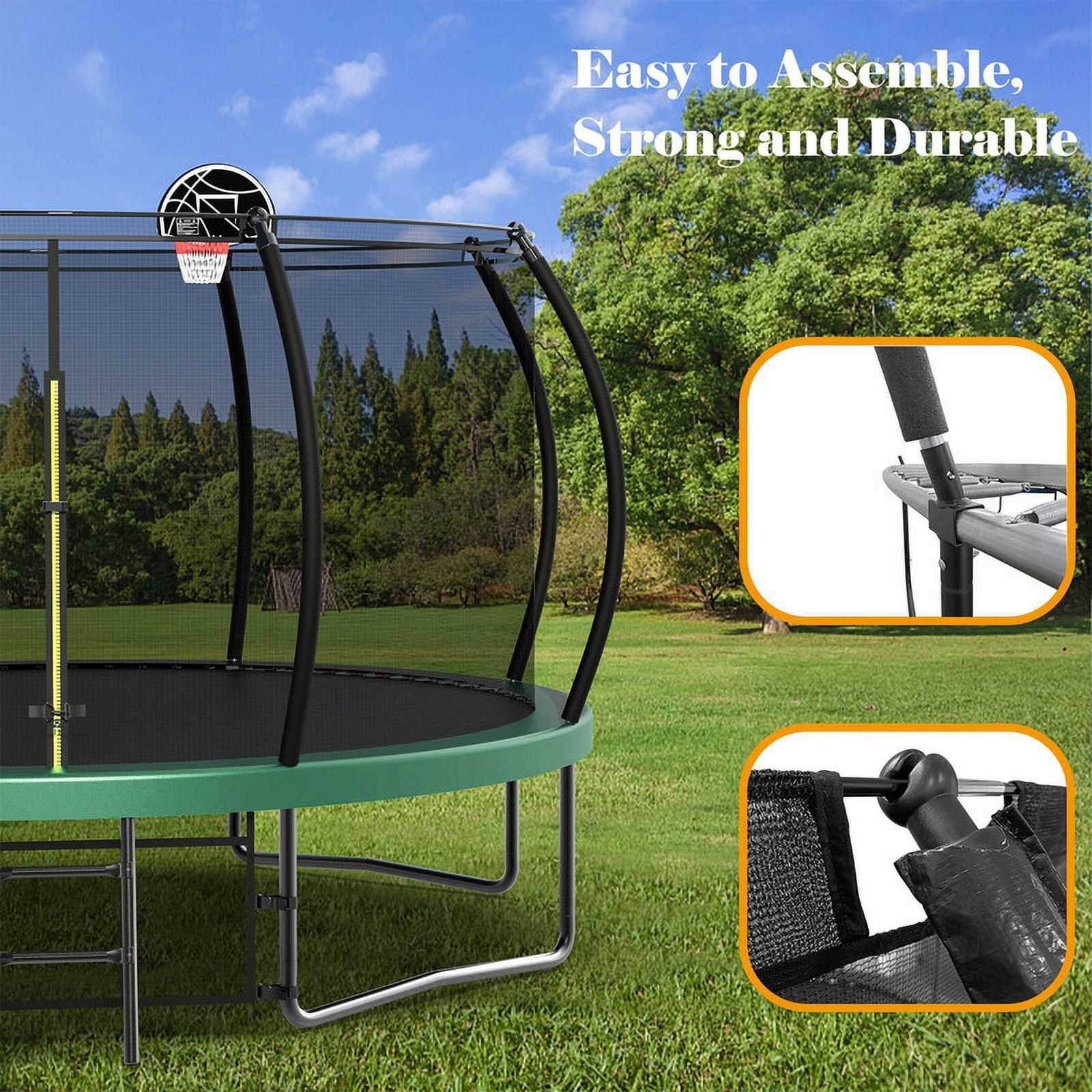 Aukfa 12FT Trampoline with Basketball Hoop for Kids, Outdoor Pumpkin Trampoline with Enclosure for Backyard - Green