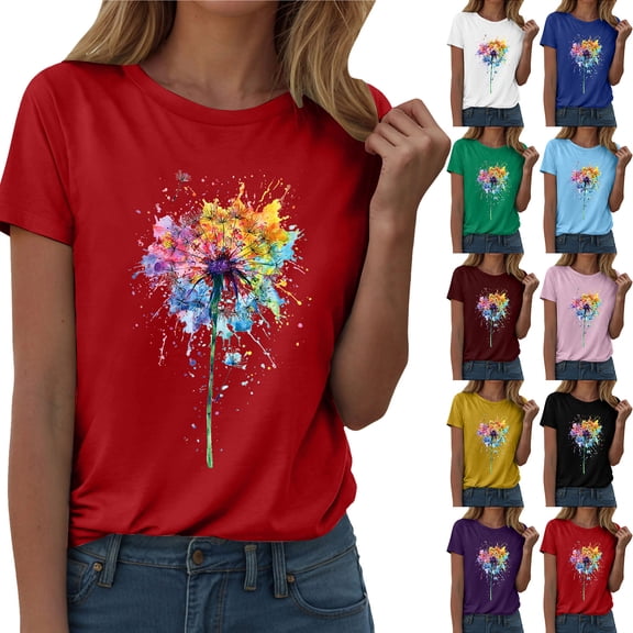 GEWSEY Womens Cute Make A Wish Dandelion Printed Tee Shirts Summer Cotton Vintage Graphic Tees Tops (Blue, 3XL)