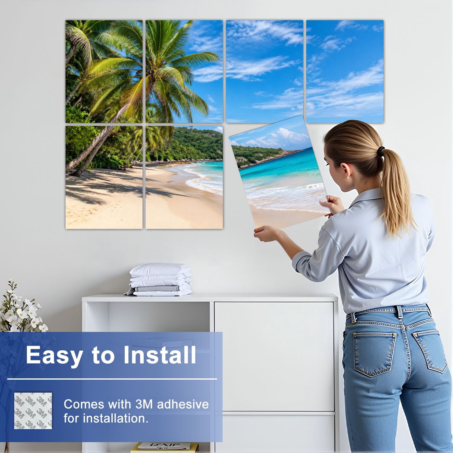 8 Pack Art Acoustic Panels Sound Absorbing Coconut palms sunny beach turquoise sea Decorative Soundproof Wall Panels Self Adhesive for Nursery Game Room Bedroom 48"x32"