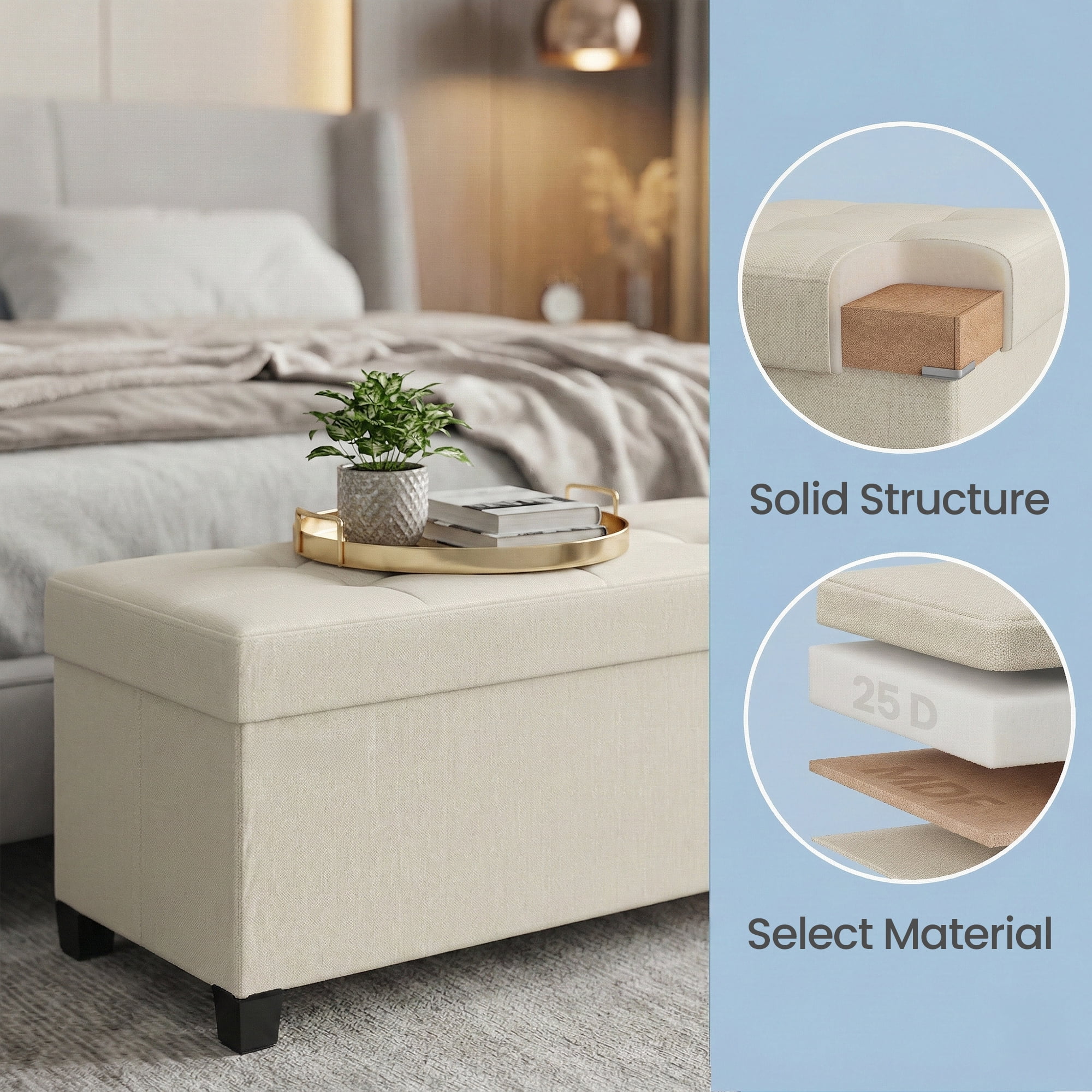 LEDREM 43" Storage Ottoman Bench with 660lb Capacity, End of Bed Bench, Folding Ottoman with Storage, Footrest, Cream White