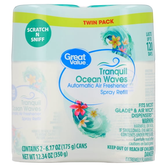 Great Value Automatic Air Freshener Spray Refill, Tranquil Ocean Waves, 2 Pieces