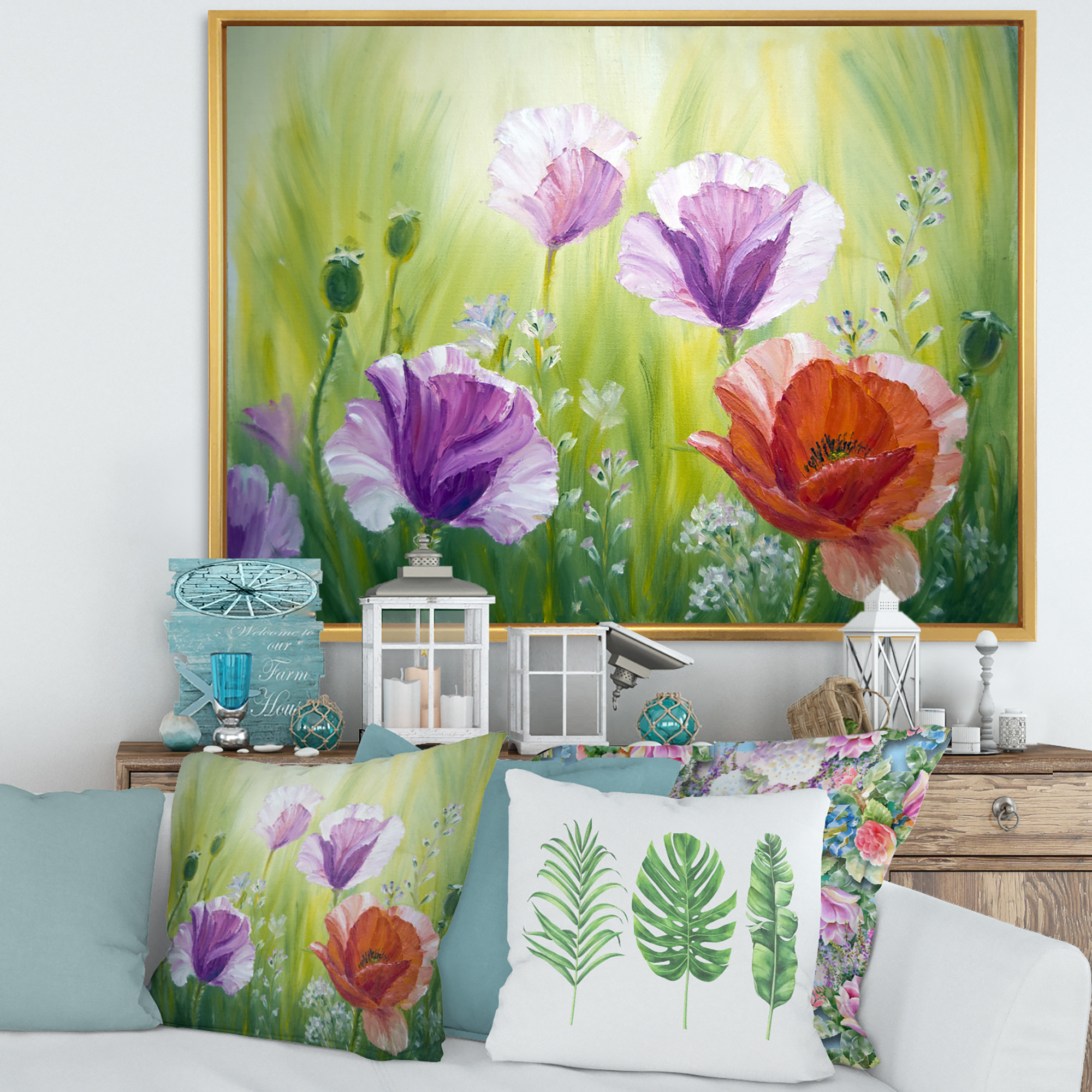 Designart 'Blossoming Red and Purple Poppies In The Morning II' Traditional Framed Canvas Wall Art Print
