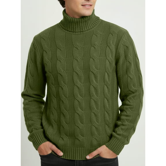 Mens Sweatshirt, Turtleneck Sweaters Slim Fit Cable Knit Long Sleeve Pullover Sweater Green