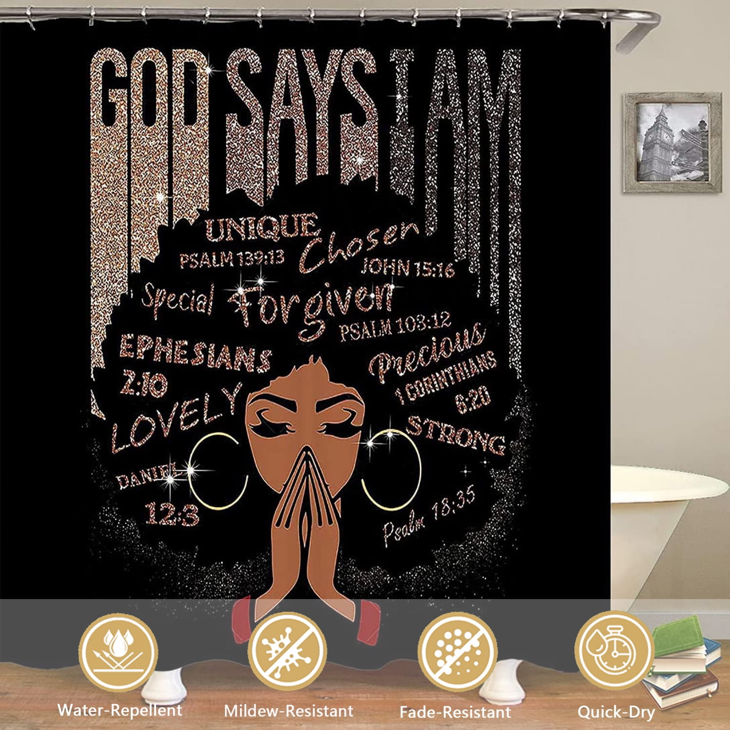 FRAMICS Black Girl with Glitter Quotes Pattern Polyester Shower Curtain and Rug Sets, 16 Pc Bathroom Sets with Non-Slip Mats, Waterproof Shower Curtain with 12 Hooks and Toilet Rugs