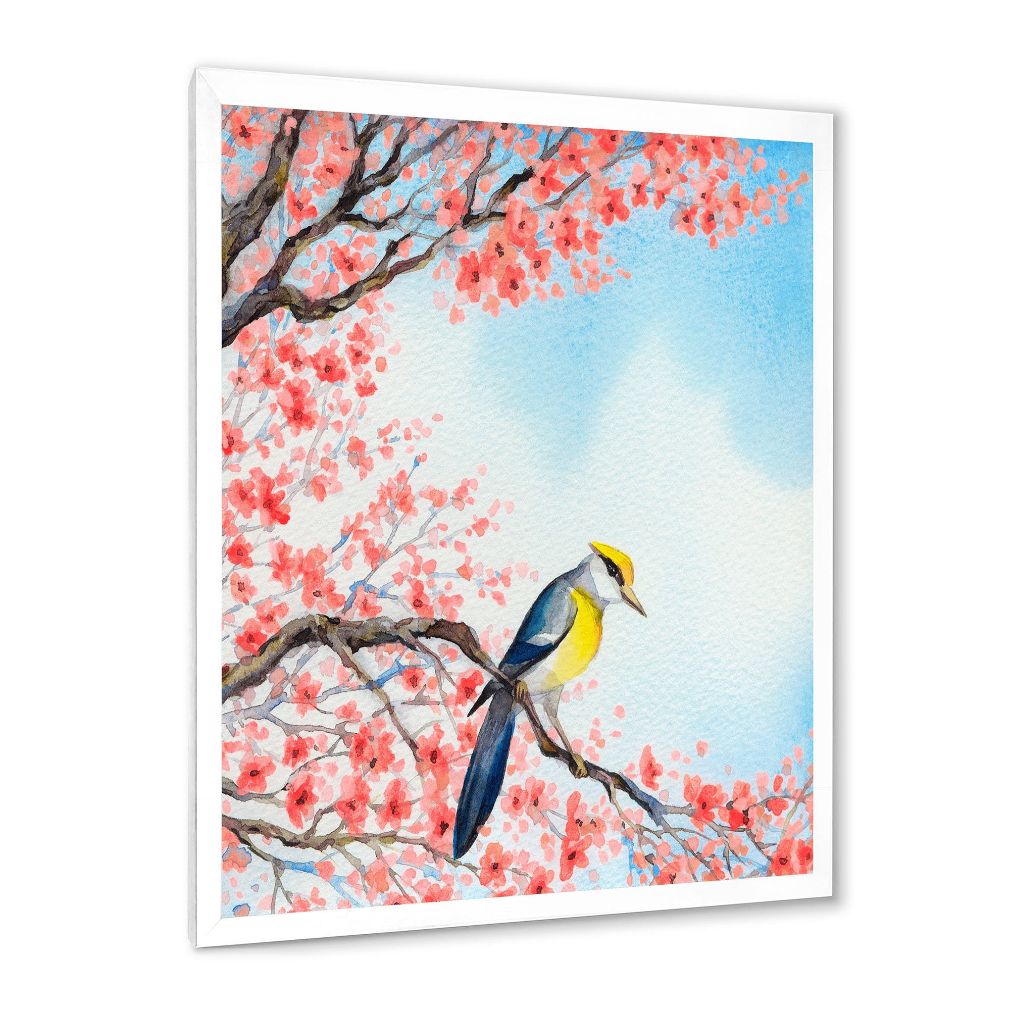 Beautiful Red Bird Sitting On Flowering Branch I 24 in x 32 in Framed Painting Canvas Art Print, by Designart