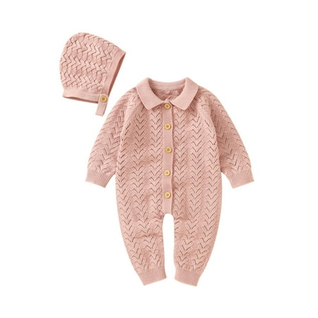 

Autumn Infant Knitted Jumpsuit Clothes Single Breasted Casual Ribbed Sweatear Romper+Hats Suit