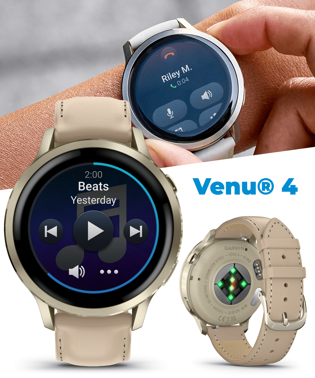 Garmin Venu 4 - 41mm AMOLED Advanced Health & Fitness GPS Smartwatch, Colorful Display, Flashlight, Lunar Gold w/Bone Silicone & Light Sand Leather Bands w/Wearable4U PowerBank Bundle