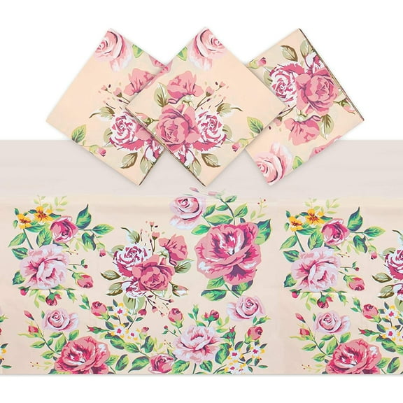 Sparkle and Bash 3-Pack Floral Plastic Tablecloths - 54 x 108-Inch Pink Vintage Rose Pattern - Disposable Rose Plastic Table Covers for Wedding - Bridal Shower & Party