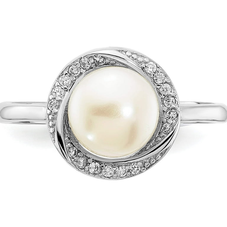 Sterling Silver CZ 7-8mm Button White FWC Pearl Ring Sterling Silver CZ 7-8mm Button White FWC Pearl Ring