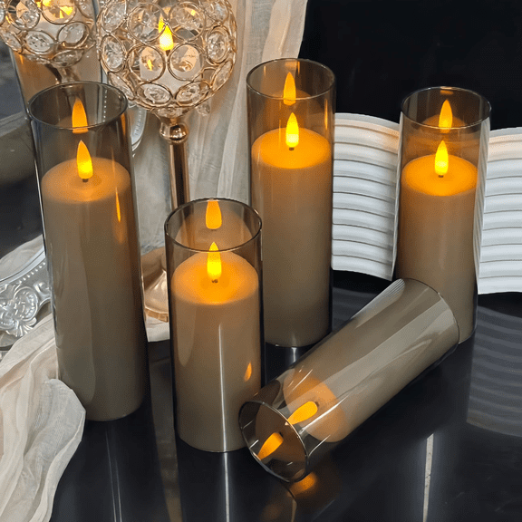 Goyuon Gray LED Flameless Pillar Candles, Battery Powered with Remote Control & Timer, 3D Realistic Flame, Dimmable, 2 Modes, Set of 5 (3"D x 4" 5" 6" 8"H)