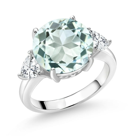 Gem Stone King 925 Sterling Silver Sky Blue Simulated Aquamarine 3-Stone Ring for Women (8.24 Cttw, Round 12MM, Trillion 5MM, Size 5)