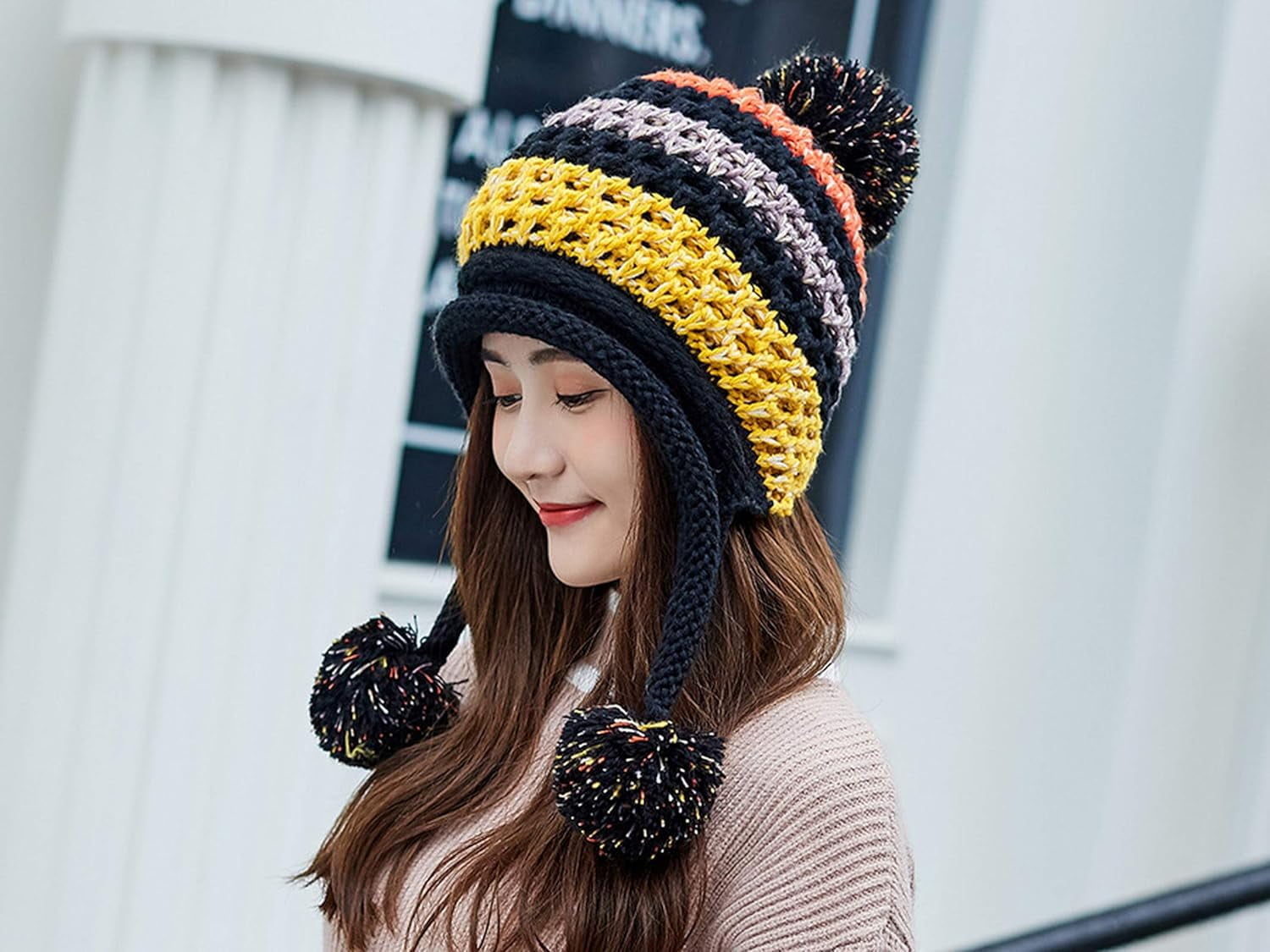 YooGuoGuo Women Fleece Lined Beanie Cap Contrast Color Warm Knitted Ski Hat w/Earflap Pom