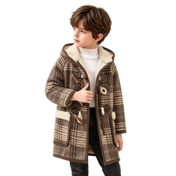 Ruyang Toddler Boys Plaid Hooded Coat Button Long Sleeve Jacket Sherpa Lined Warm Mid Length Overcoat Kids Winter Outerwear