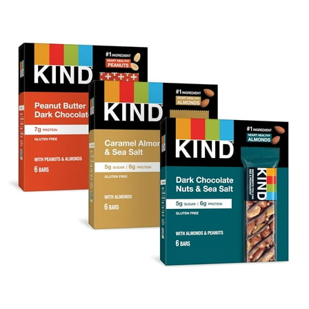 KIND Nut Bars, Favorites Variety Pack, Dark Chocolate Nuts and Sea Salt, Peanut Butter Dark Chocolate, Caramel Almond and Sea Salt, 18 Count