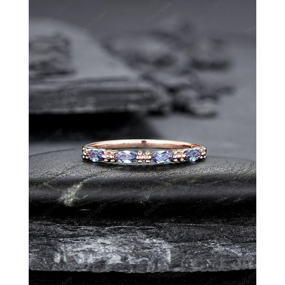 Marquise Alexandrite Wedding Band, 14K Rose Gold Engagement Band, Straight Matching Band, Promise Ring, Engagement Ring Gift for Women