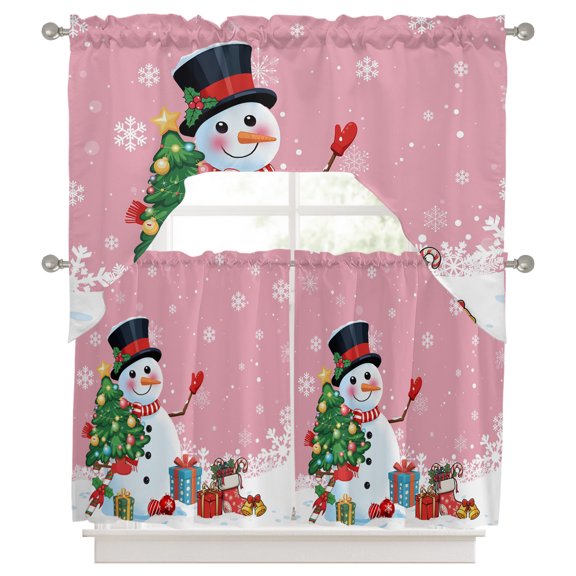 Cartoon Snowman Swag Curtains Valance and Tier Set, Christmas Snowman Xmas Tree Snowfall Pink Swag Curtains Drapes Rod Pocket for Kitchen Bathroom Small Window, 3 Pieces 56x36in 27.5x24*2
