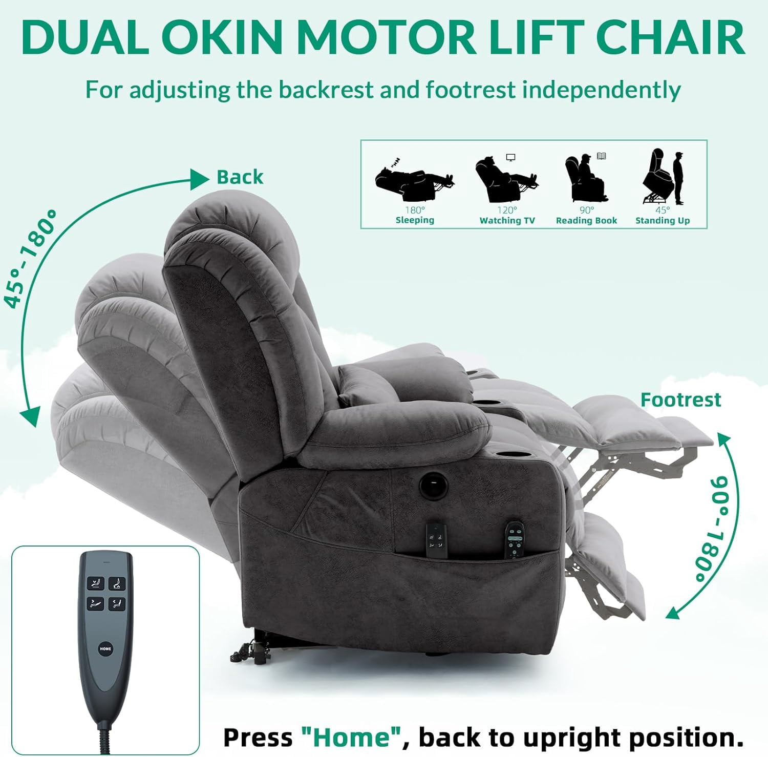 VIVIJASON Tall Man Large Dual Motor Power Lift Recliner Chair with Extended Footrest, Oversized Lay Flat Sleeper Electric Recliner W/Heat & Massage, Lumbar Pillow, USB & Type-C Ports, Gray