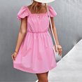 thumbnail image 4 of Summer Mini Dress for Women Casual Solid Color Ruffle Short Sleeves Square Neck Short Dress Ruched A Line Beach Dress, 4 of 5