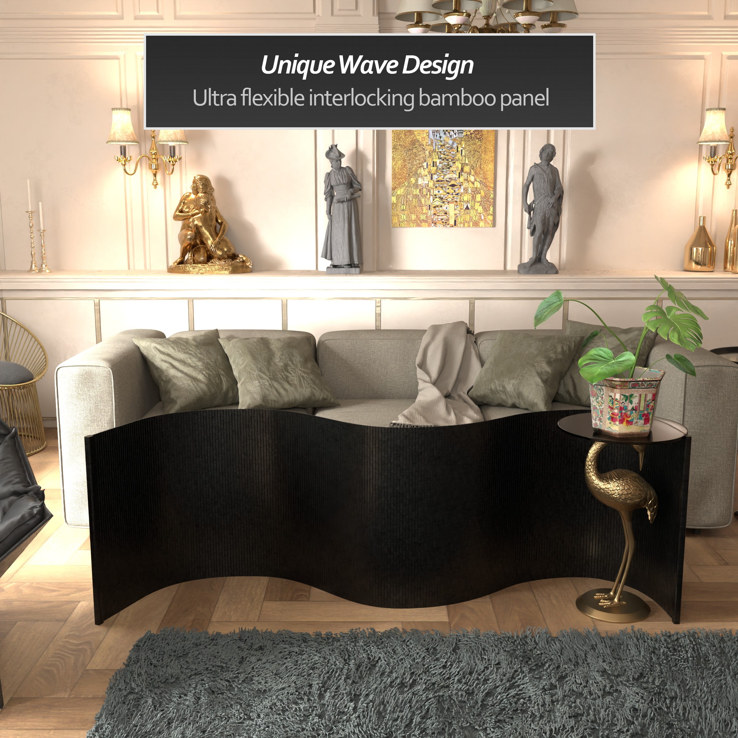 2 ft. Short Bamboo Wave Screen in Black - Table Top Room Divider with Portable Design