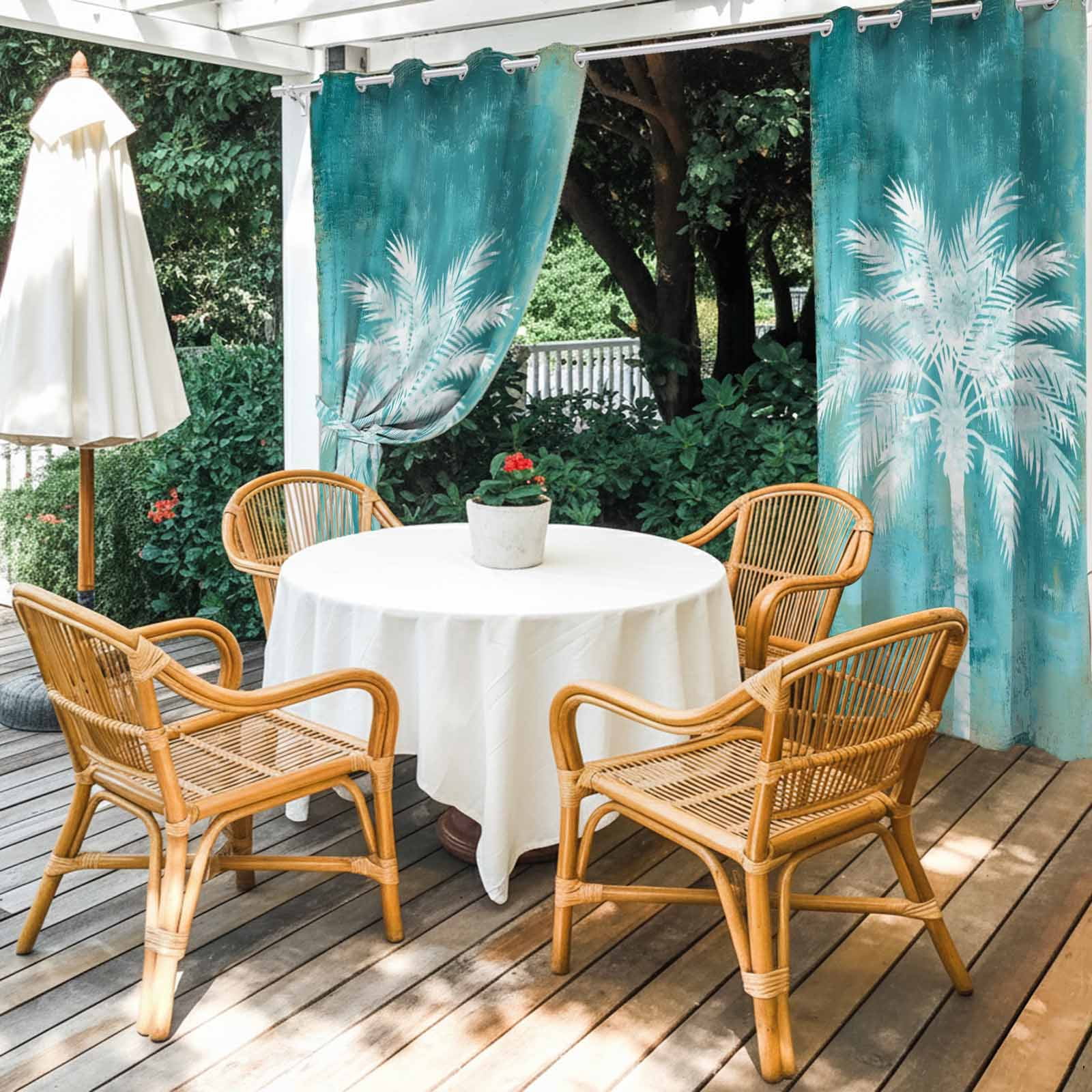 Palm Leaf Outdoor Curtains for Patio, Coastal White Palm Tree Teal Green Sunshade Privacy Drapes Grommet Waterproof Outside Curtains for Porch/Cabana/Balcony 54"x 108", 1 Panel