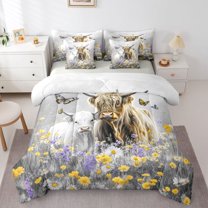 Homewish Rustic Cow Animal Bedding Comforter Set 7 Pieces for Kids, Vibrant Groovy Floral Full Bedding Set, Southwsetern Reversible Fitted Sheet Flat Sheet, Lightweight Room Decor